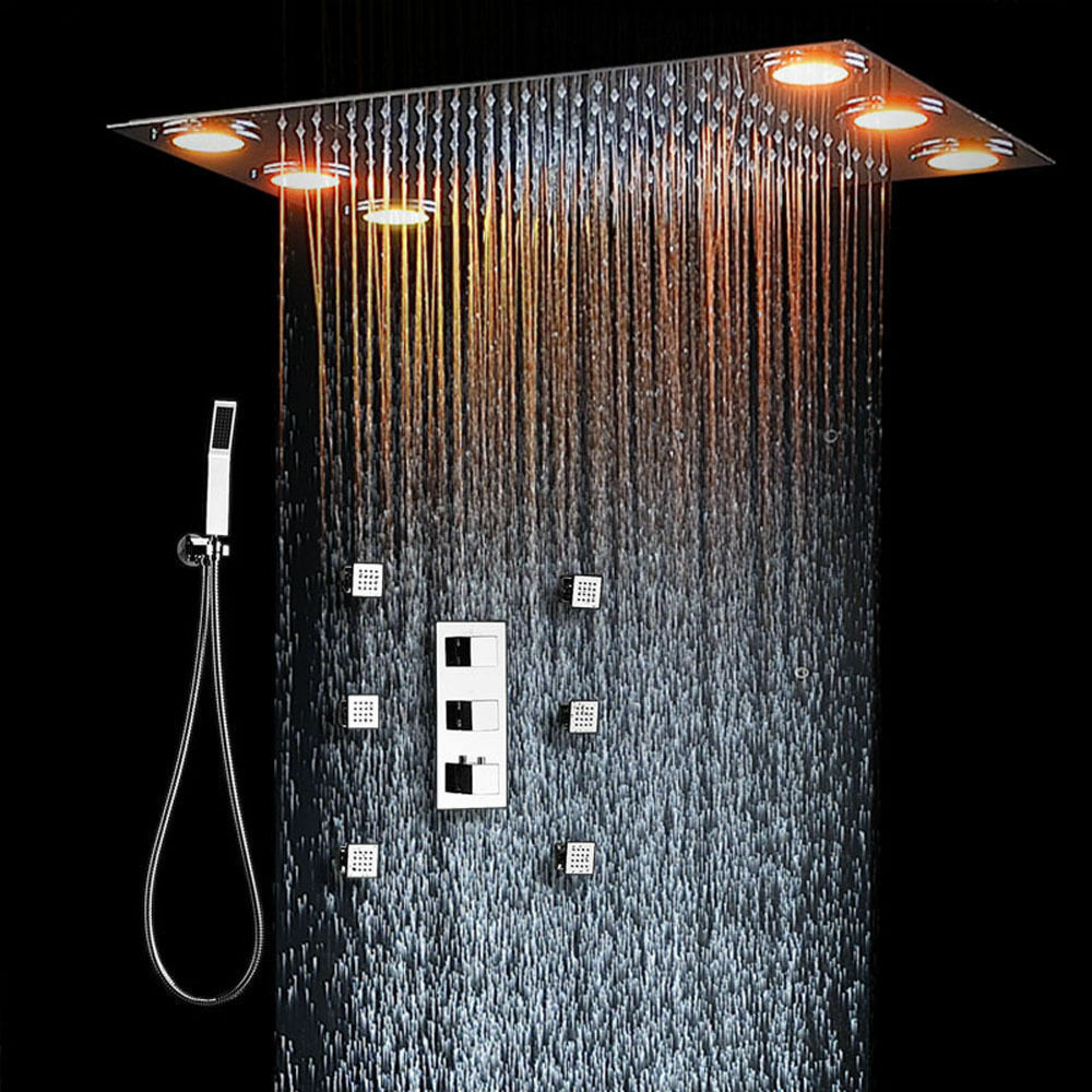 Flush in 20" LED Rainfall Shower Heads Sets Bathroom Thermostatic Valve Faucet Bath Mixer - wonderland shower inc