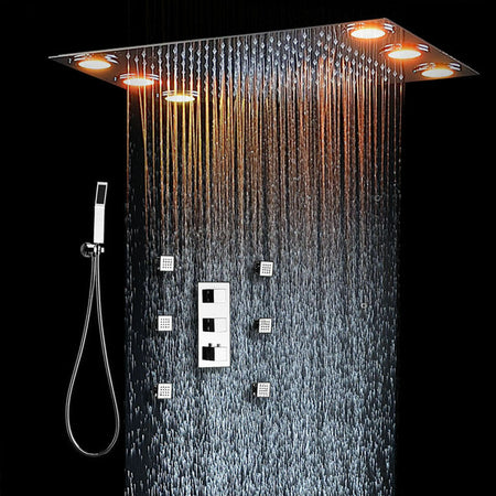 Flush in 20" LED Rainfall Shower Heads Sets Bathroom Thermostatic Valve Faucet Bath Mixer - wonderland shower inc
