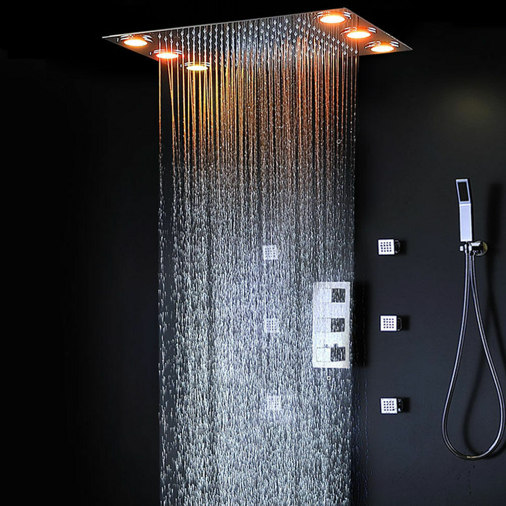 Flush in 20" LED Rainfall Shower Heads Sets Bathroom Thermostatic Valve Faucet Bath Mixer - wonderland shower inc