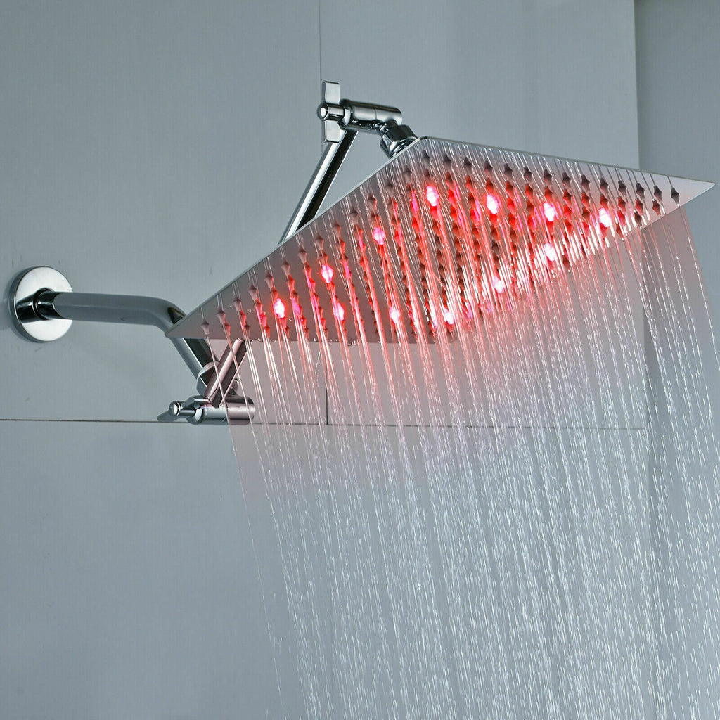 8-Inch Brass Chrome LED Square Rainfall Shower Head with 11-Inch Adjustable Extension Arm - wonderland shower inc