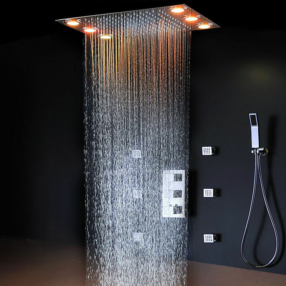 Flush in 20" LED Rainfall Shower Heads Sets Bathroom Thermostatic Valve Faucet Bath Mixer - wonderland shower inc