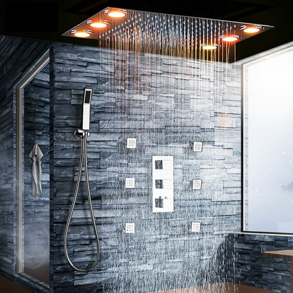 Flush in 20" LED Rainfall Shower Heads Sets Bathroom Thermostatic Valve Faucet Bath Mixer - wonderland shower inc