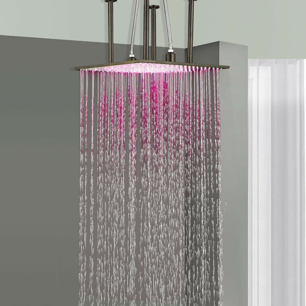 20inch 3 LED lights colors shower head matte black two way valve system - wonderland shower inc