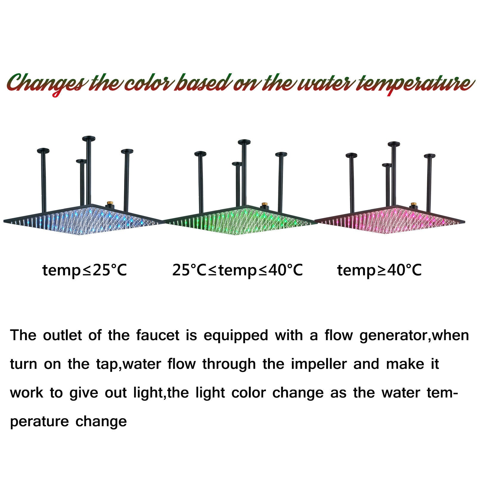Matte Black 20-Inch or 24-Inch LED or Non-LED Ceiling Mounted Rain Shower Head - wonderland shower inc