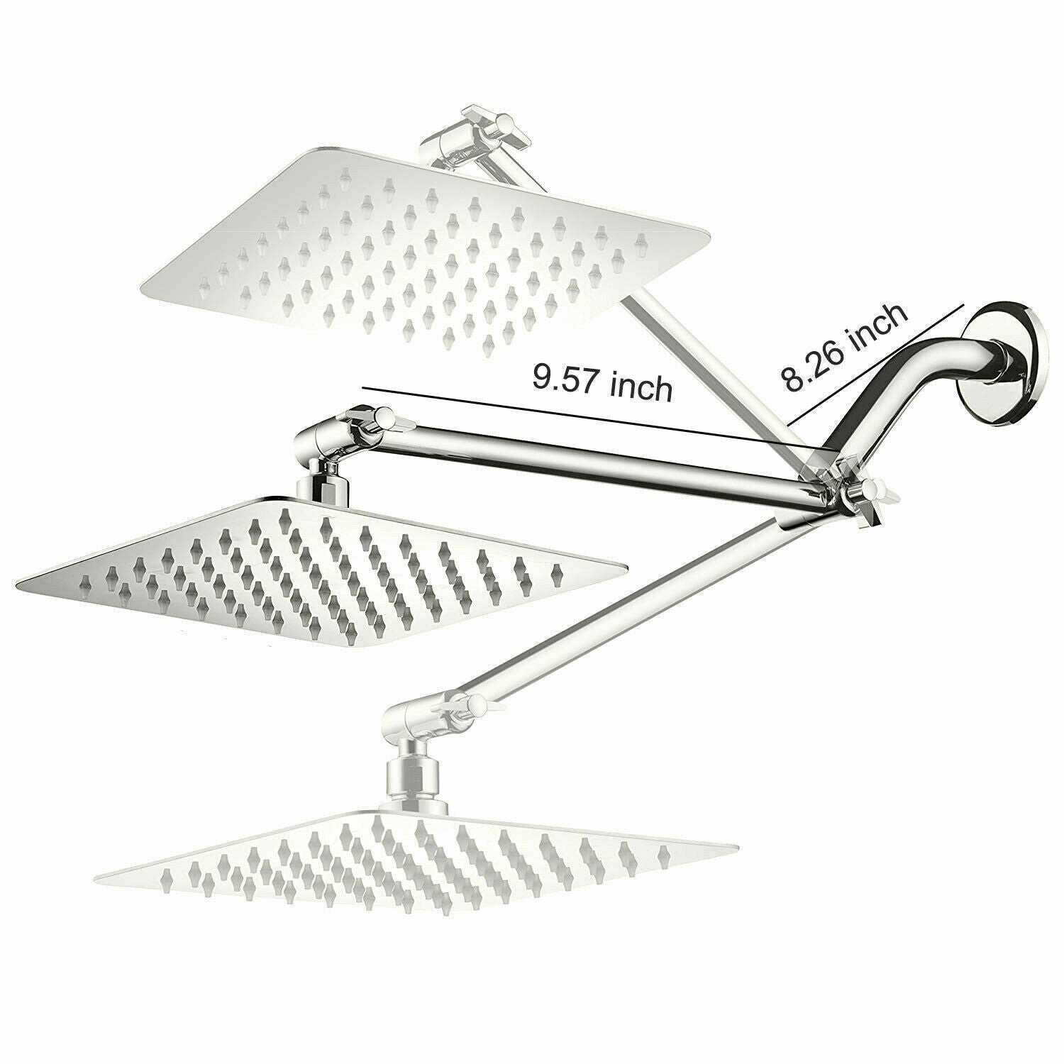 8-Inch Brass Chrome LED Square Rainfall Shower Head with 11-Inch Adjustable Extension Arm - wonderland shower inc