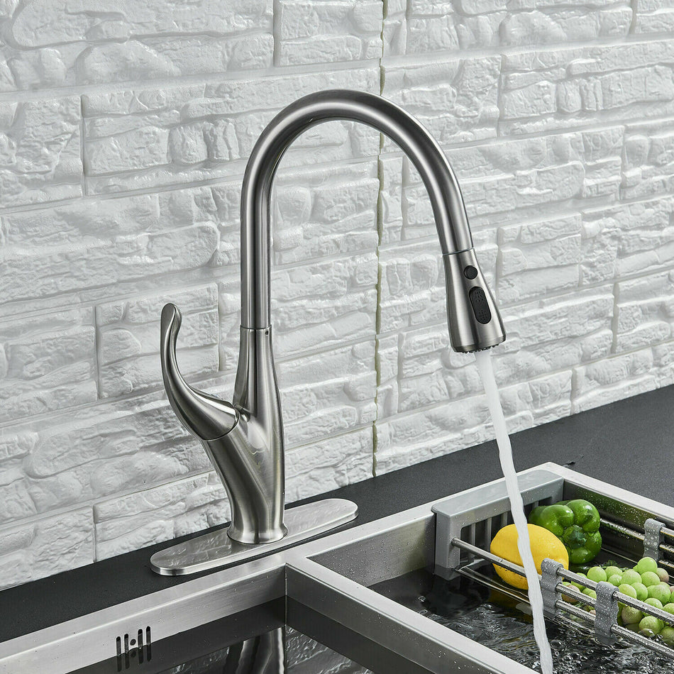Kitchen Sink Faucet Pull Out Sprayer Brushed Nickel Mixer Tap With Deck Plate - wonderland shower inc