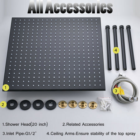 Matte Black 20-Inch or 24-Inch LED or Non-LED Ceiling Mounted Rain Shower Head - wonderland shower inc