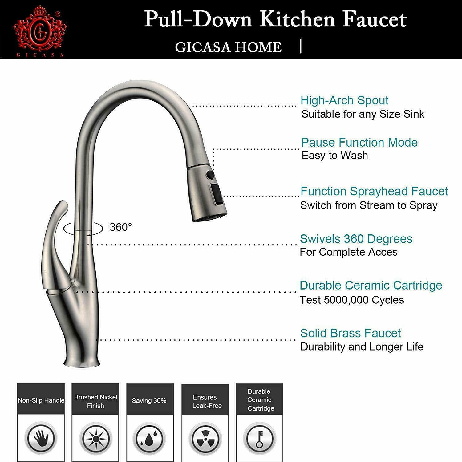 Kitchen Sink Faucet Pull Out Sprayer Brushed Nickel Mixer Tap With Deck Plate - wonderland shower inc