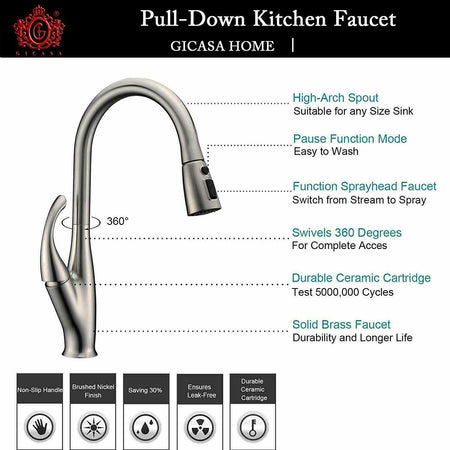 Kitchen Sink Faucet Pull Out Sprayer Brushed Nickel Mixer Tap With Deck Plate - wonderland shower inc