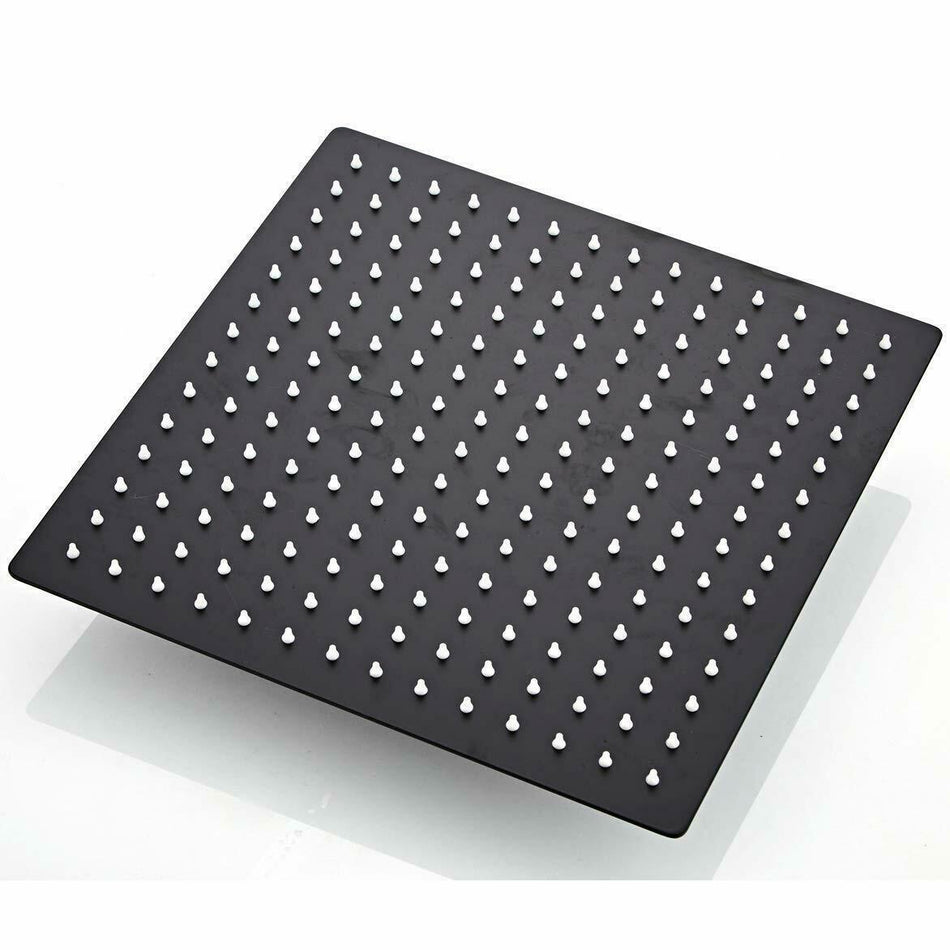 Matte Black 12'' Square Rain Shower Head: Stainless Steel Construction, Overhead Spray, and Included Ceiling Shower Arm - wonderland shower inc