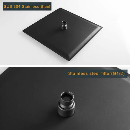 Matte Black 12'' Square Rain Shower Head: Stainless Steel Construction, Overhead Spray, and Included Ceiling Shower Arm - wonderland shower inc