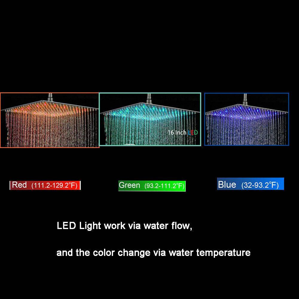 12-inch or 16-inch Rainfall 3 LED Colors Chrome Ceiling Mount 3-Way Thermostatic Shower System - Simultaneous and Individual Functionality - wonderland shower inc