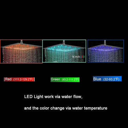 12-inch or 16-inch Rainfall 3 LED Colors Chrome Ceiling Mount 3-Way Thermostatic Shower System - Simultaneous and Individual Functionality - wonderland shower inc