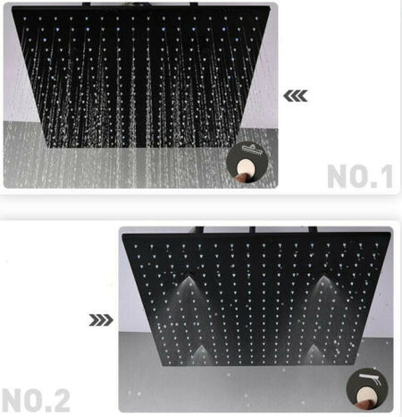 20 Inch LED Rainfall Mist Ceiling Mounted Matte Black 4-Way Thermostatic Shower System featuring 6 Body Jets. - wonderland shower inc