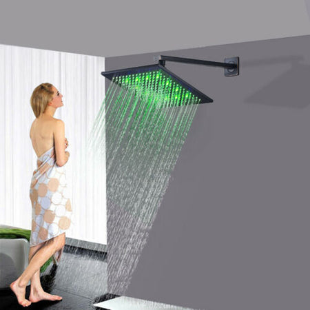 12-Inch Matte Black Rain Shower Head: 3 LED Color Lights and 16-Inch Wall Mount Shower Arm - wonderland shower inc