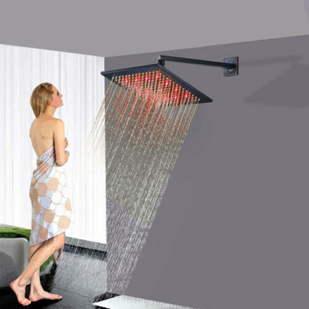 12-Inch Matte Black Rain Shower Head: 3 LED Color Lights and 16-Inch Wall Mount Shower Arm - wonderland shower inc