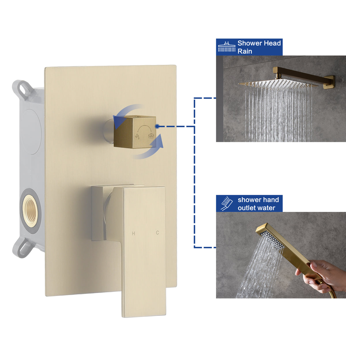 Brushed Gold  12 Inch Rain head wall Mount two way pressure balance Shower System with Rough-in Valve Body and Trim - wonderland shower inc