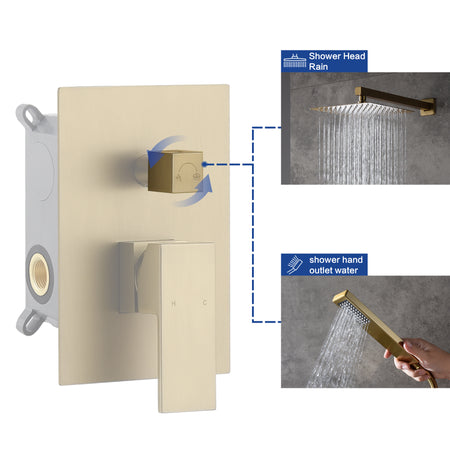Brushed Gold  12 Inch Rain head wall Mount two way pressure balance Shower System with Rough-in Valve Body and Trim - wonderland shower inc