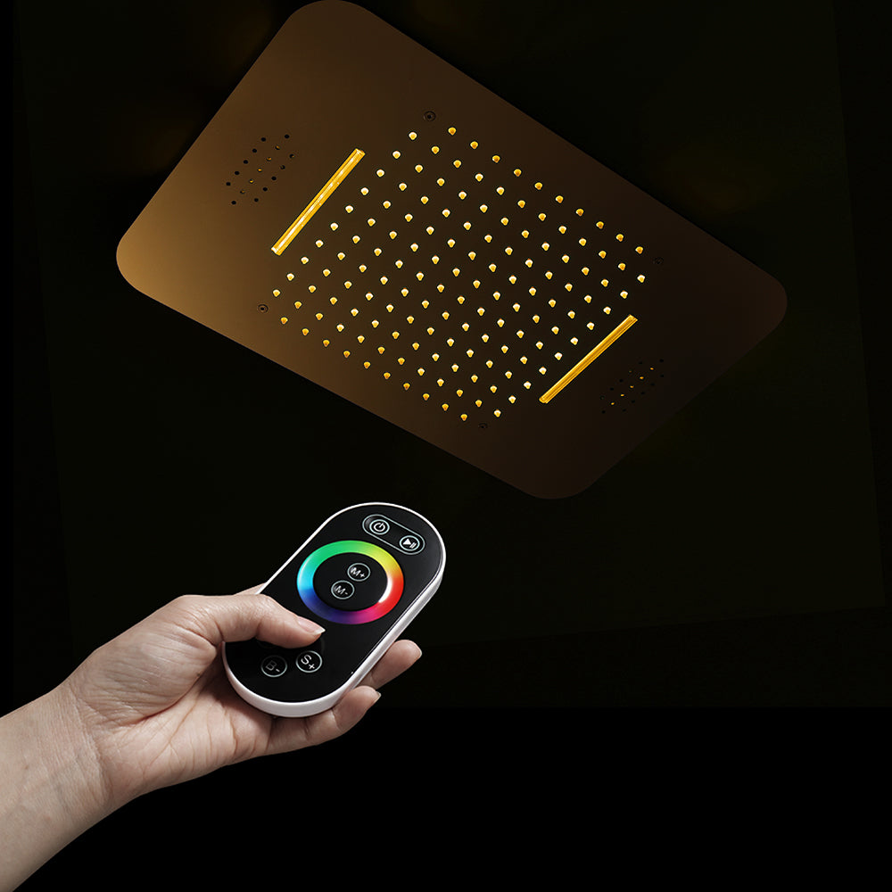 Elegant Gold 23x15 inch LED Music Shower Head with 4-Way Thermostatic Valve for Simultaneous and Independent Operation - wonderland shower inc