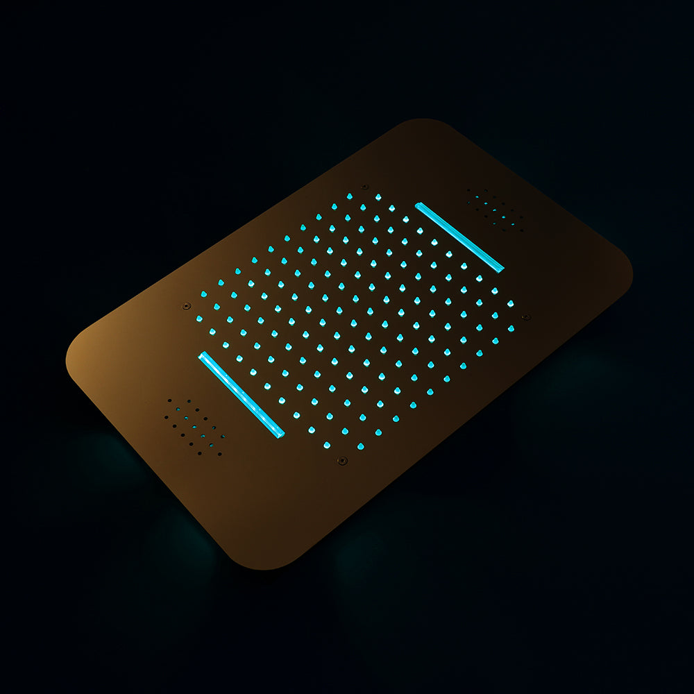 Elegant Gold 23x15 inch LED Music Shower Head with 4-Way Thermostatic Valve for Simultaneous and Independent Operation - wonderland shower inc