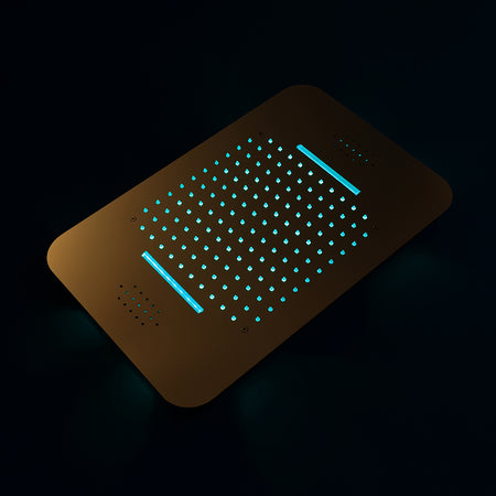 Elegant Gold 23x15 inch LED Music Shower Head with 4-Way Thermostatic Valve for Simultaneous and Independent Operation - wonderland shower inc