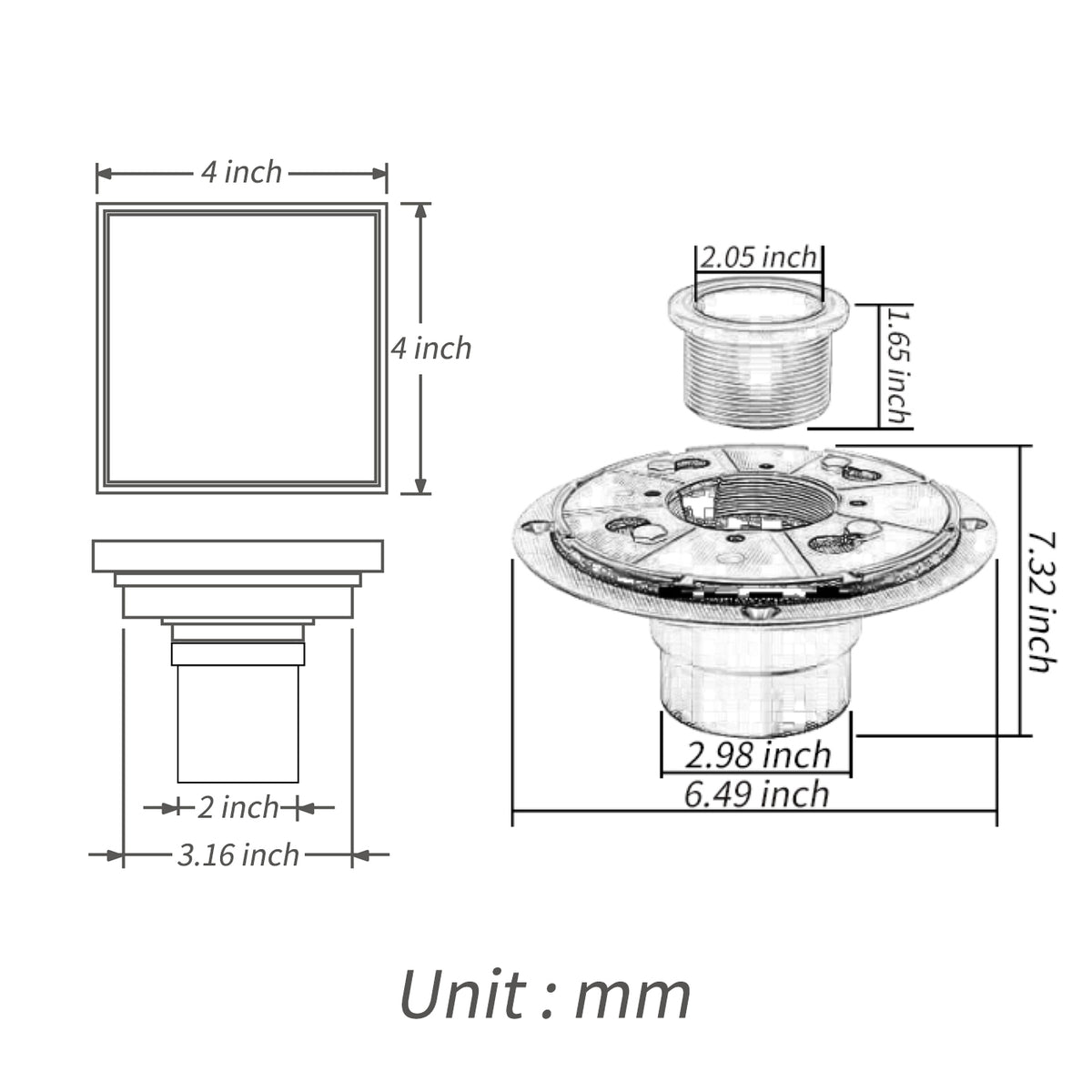 Brushed Gold 4-inch brass Shower Floor Drain with Removable Strainer Cover and Square Anti-clogging - wonderland shower inc