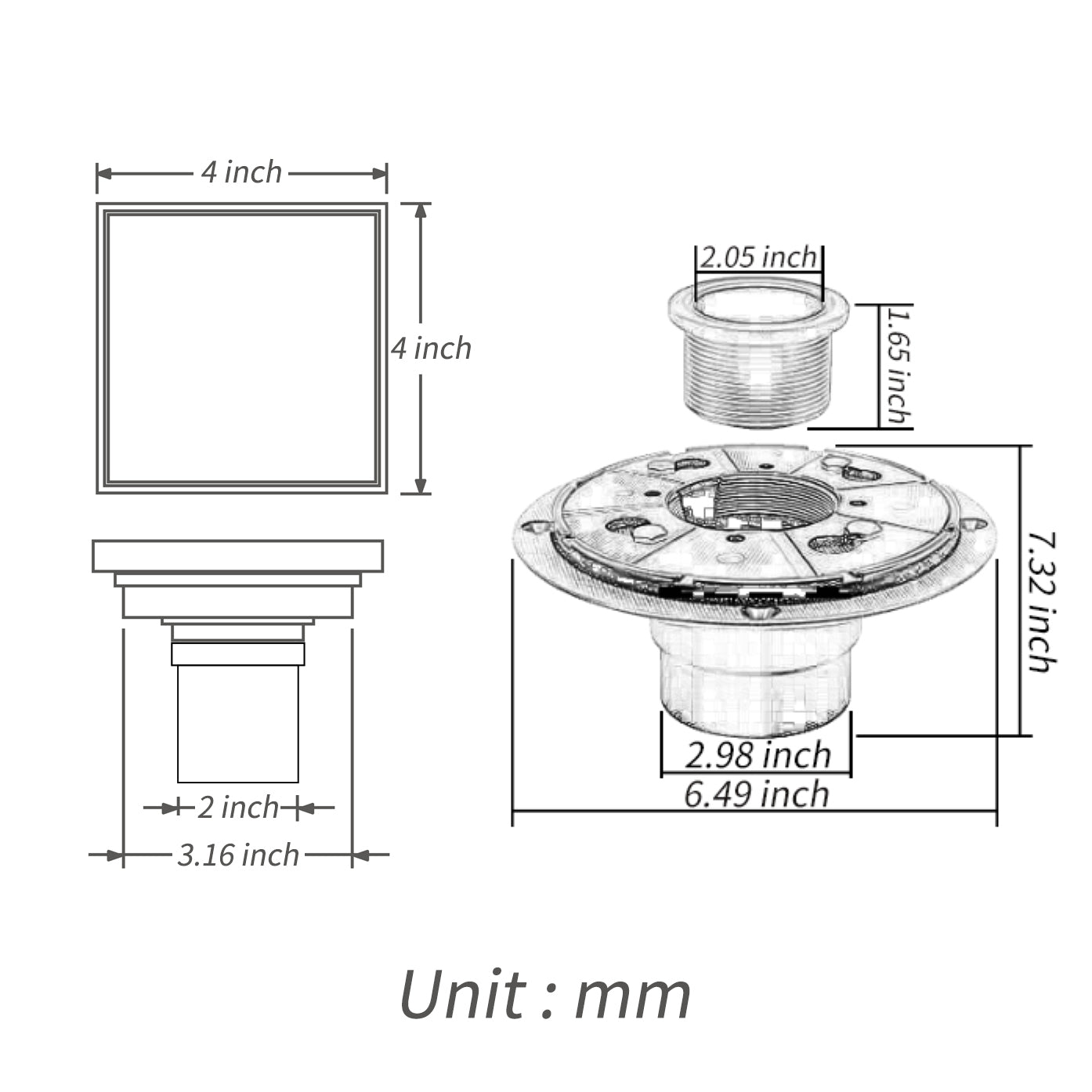 Brushed Gold 4-inch brass Shower Floor Drain with Removable Strainer Cover and Square Anti-clogging - wonderland shower inc
