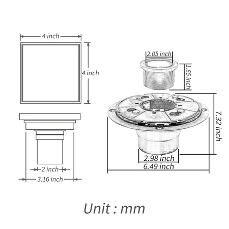 Brushed Gold 4-inch brass Shower Floor Drain with Removable Strainer Cover and Square Anti-clogging - wonderland shower inc