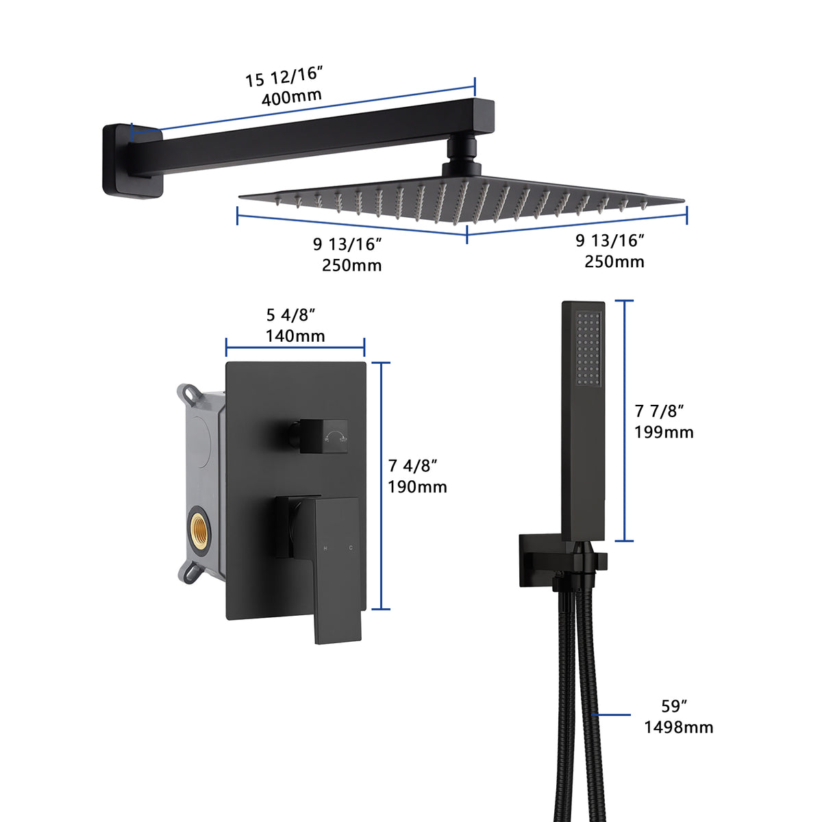 12inch 2 way Wall Mounted Matte Black Shower System with pressure balance Rough-in Valve Body and Trim - wonderland shower inc