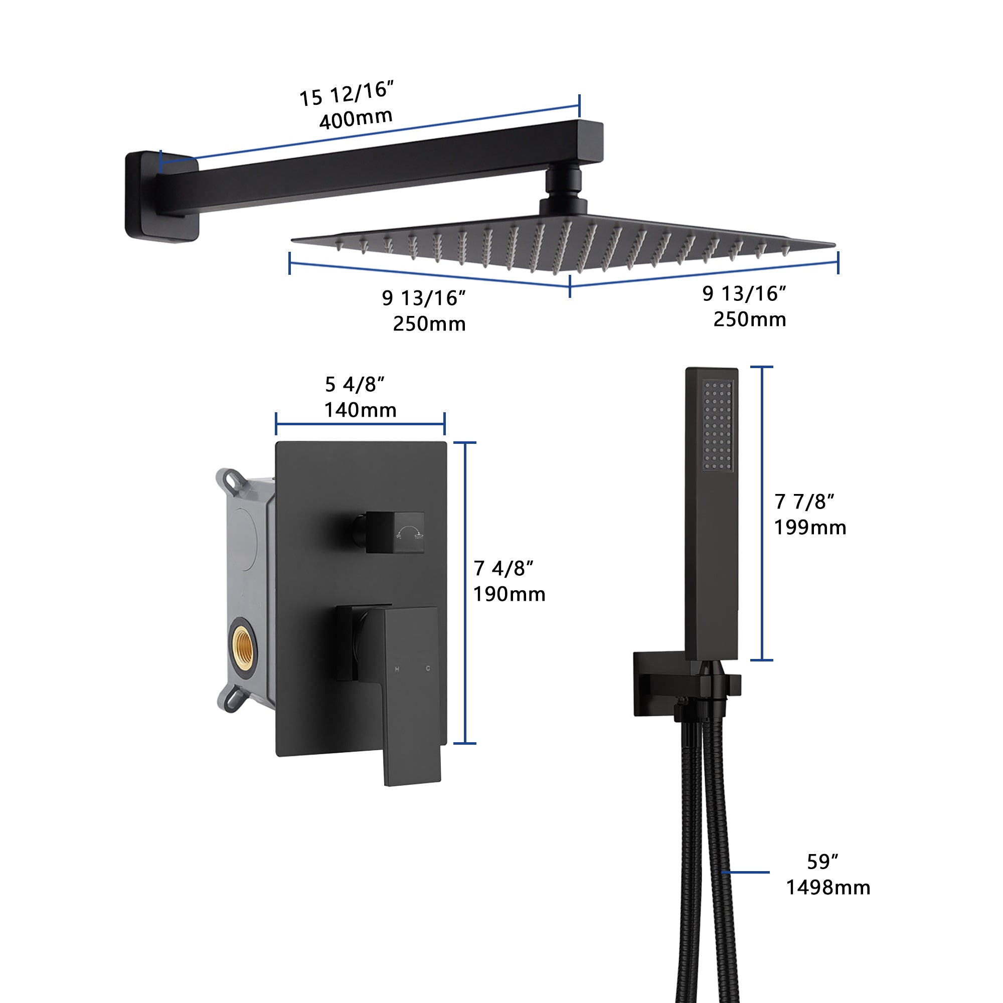12inch 2 way Wall Mounted Matte Black Shower System with pressure balance Rough-in Valve Body and Trim - wonderland shower inc