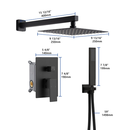 12inch 2 way Wall Mounted Matte Black Shower System with pressure balance Rough-in Valve Body and Trim - wonderland shower inc