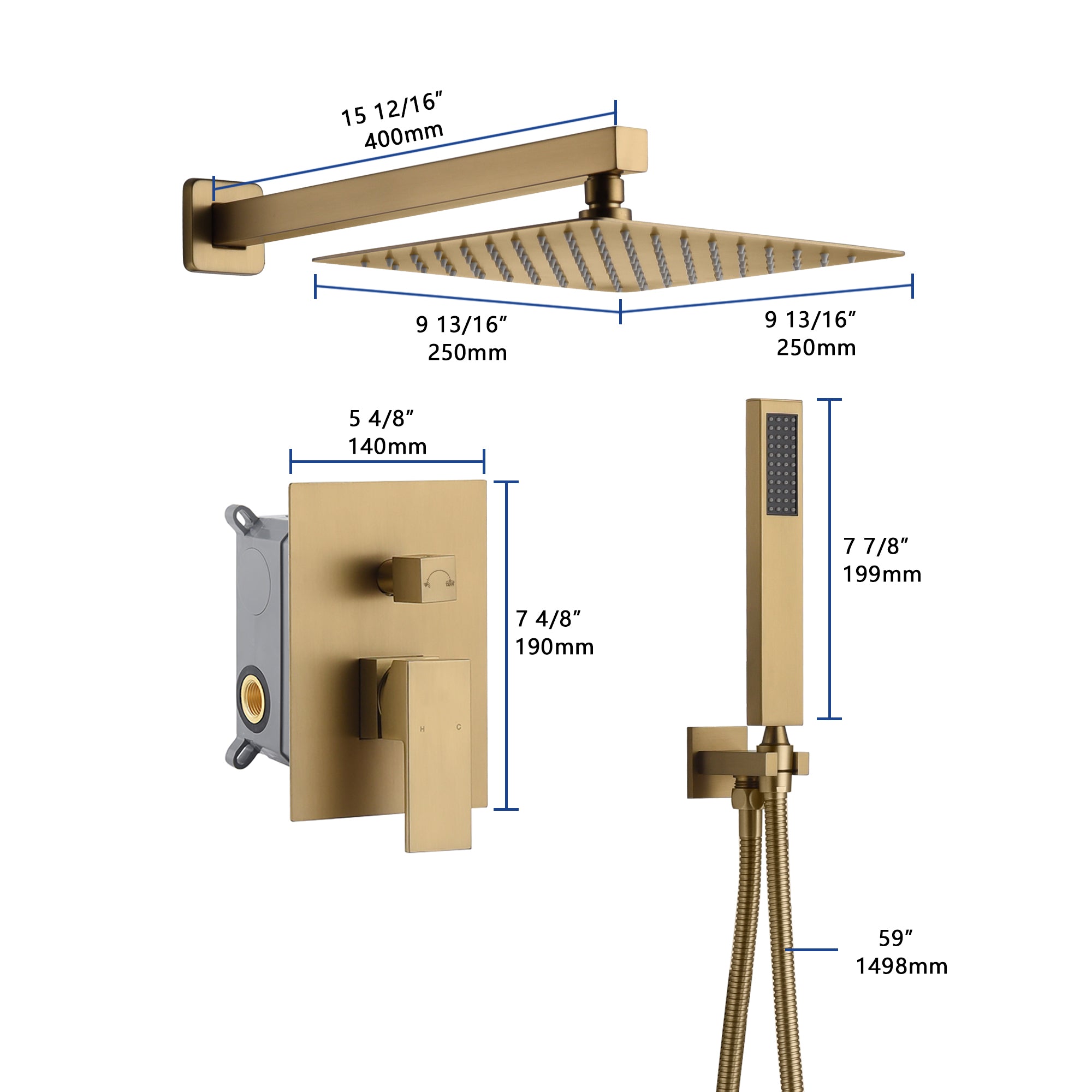 Brushed Gold  12 Inch Rain head wall Mount two way pressure balance Shower System with Rough-in Valve Body and Trim - wonderland shower inc