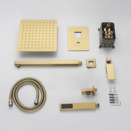 Brushed Gold  12 Inch Rain head wall Mount two way pressure balance Shower System with Rough-in Valve Body and Trim - wonderland shower inc